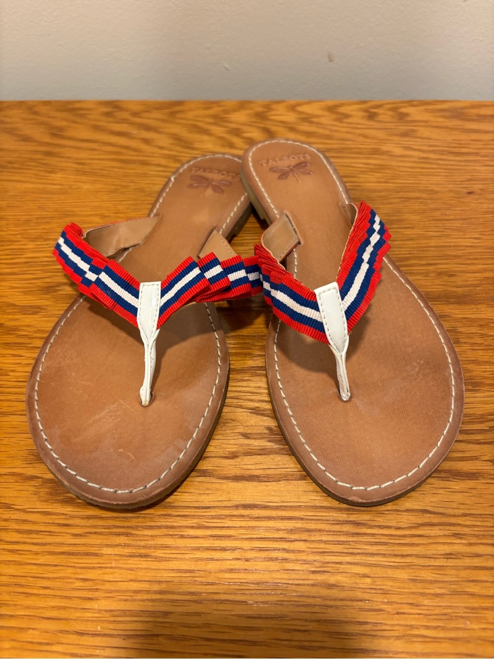 Talbots Brown Footbed Flip Flops with Red, White & Blue Ribbon Straps